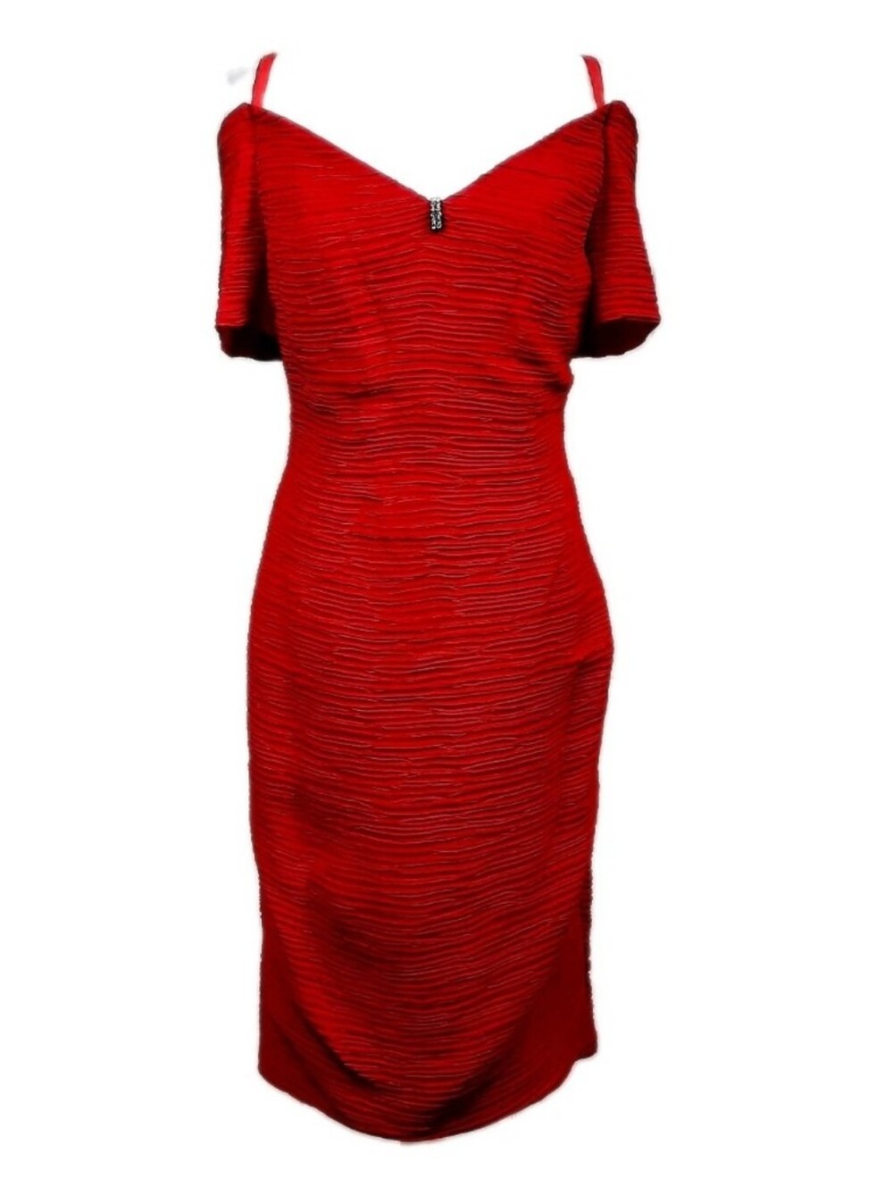 Vintage 1980s Bombshell Crepe Midi Cocktail Dress Red Off Shoulder Size 7/8